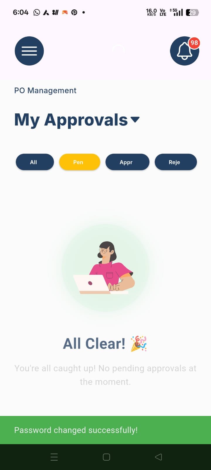 Password changed successfully message